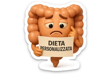 emoji stile iphone 3d di un intestino con mal di pancia che legge un foglio con la scritta "DIETA PERSONALIZZATA", ESPRESSIONE PENSIEROSA, iperrealistico 4k sticker