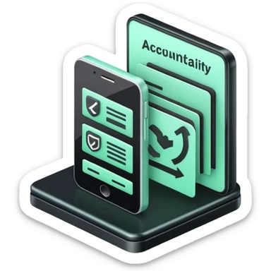 Responsabilité Administrative (Administrative Responsibility), 3D technical icon with black and mint green (#B5F4D3), accountability framework with compliance metrics and procedural safeguards sticker