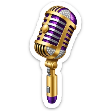 Create a glamorous and vibrant emoji representing stage vocal performance. The design should feature a classic vintage microphone at the center, surrounded by an eye-catching stage costume covered in rhinestones, sparkling brightly. The costume should be stylized, with glittering elements like sequins and sparkles, and reflect the glitzy, extravagant nature of show business. The microphone should have a sleek, retro look with chrome or metallic accents. Use rich, dazzling colors like gold, silver, deep purple, and bright red to evoke the glamorous, larger-than-life feel of a stage performance. The background should be transparent. sticker