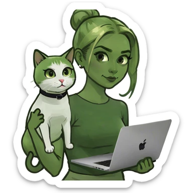 Blonde woman ponytail green eyes with cat and MacBook sticker