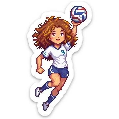 curly haired girl playing volleyball, energetic, action pose, pixel art style sticker