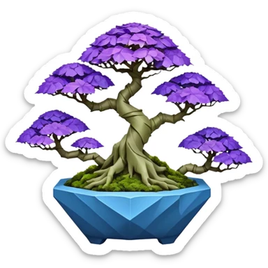 Futuristic wild glowing et alien moss maples Bonsai hair-fine-leaf group crystal boxwood purple and cream rose blue informal rocky cliffhanger eight trees forest planting in shallow origami slab style pot with big feet  sticker