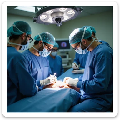 surgeon in operating room performing ankle ligament surgery on a man, medical team working, surgical instruments and monitor visible, focused atmosphere, 4K quality sticker