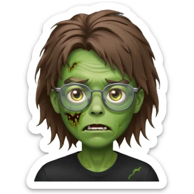 Green zombie, brown messy hair covering the forehead, black glasses, black shirt. iOS style. sticker