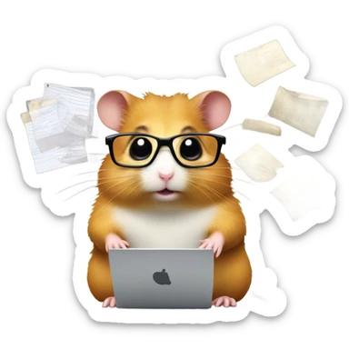 Hamster with glasses typing on laptop around files sticker