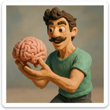 Enhance the claymation man holding a brain by adding more depth and dimension to the image. Make him more attractive and quirky, inspired by the first version, with dark curly hair, thick mustache, light skin, freckles, more movement, claymation style, visible fingerprints, and pastel colors. sticker