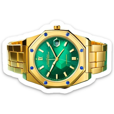 Minimalist white hand outline cradling a hexagonal prism refracting golden light into a scene of a luxury watch on a marble desk, deep emerald (#1A5F3F) and sapphire (#0F52BA) gradient background, prism facets glowing with metallic gold (#D4AF37) edges, soft shadow play, cinematic luxury vibe sticker