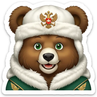 Grinning Russian bear with forest green eyes, fluffy white ushanka hat adorned with double-headed eagle coat of arms sticker
