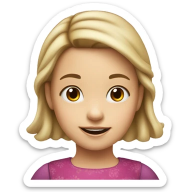 Emoji of a small white girl, 5 years old, with straight dark blonde hair. She has a cheerful expression and is wearing a colorful dress sticker