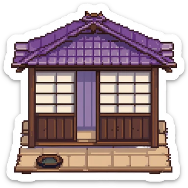 traditional Japanese house with wooden structure, sliding shoji doors, and tatami mat flooring sticker