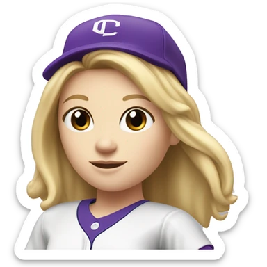 baseball card character. white female. longe blonde straight hair. letter C logo. Purple and white uniform.  sticker