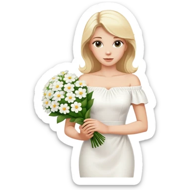 blonde woman in a white off-shoulder dress with a bouquet of white flowers in a white bag in her right hand sticker