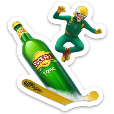 Man ski jumping over a giant green bottle of buckfast tonic wine sticker