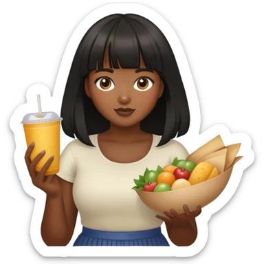 Medium dark skin tone girl with bangs black long hair plus size with food sticker