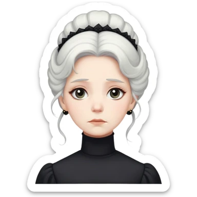 A Victorian woman with elegant coiffed white hair wearing a modest black turtleneck mourning dress with a forlorn expression sticker