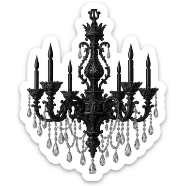 gothic chandelier with crystals, black and silver, ornate and dramatic, no background sticker