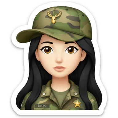 cartoon woman with long black hair wearing camo clothes and ian charms cap sticker