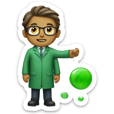 A scientist in a green coat draws pictures. sticker