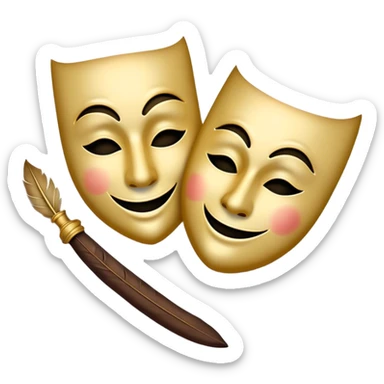 Create a dramatic emoji representing dramaturgy. The design should feature a classic theatre mask (comedy and tragedy), with one mask displaying a smiling face and the other a sad one. Include elements like a quill or fountain pen to symbolize the writing process, with dramatic lighting or shadows to enhance the theatrical feel. The background should be elegant, possibly with a curtain or spotlight effect, evoking a sense of drama and performance. Make the background transparent. sticker
