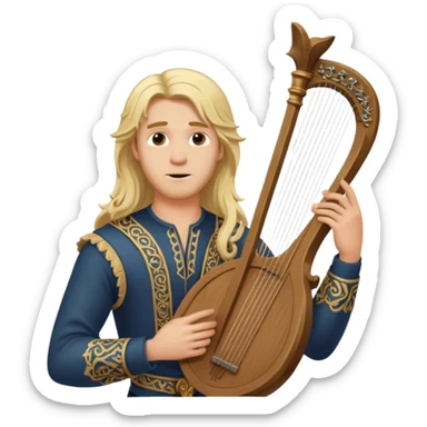 Man with long blonde hair looking overconfident holding a lyre sticker
