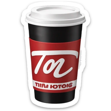“Red Tim Hortons coffee cup with bold white script logo, black plastic lid, and smooth, minimalist design.” sticker
