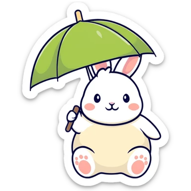 chubby bunny holding a mushroom umbrella, pastel beige and moss green sticker