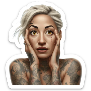 Hyper Realistic Beautiful tattooed woman crying reaching out  sticker