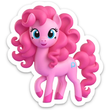 Pinkie Pie from My Little Pony, 3D style, playful pose, shiny pink color, curly mane and tail sticker