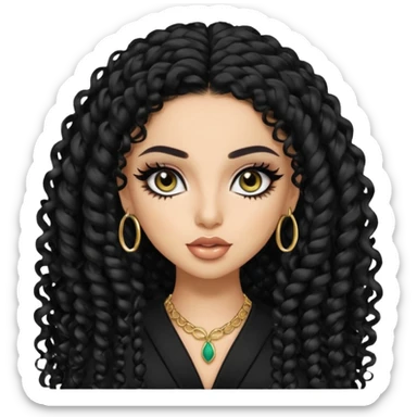 Saudi beauty, pretty bratz baddie, black eyeliner, long black curly hair khaliji fashion, light skin sticker