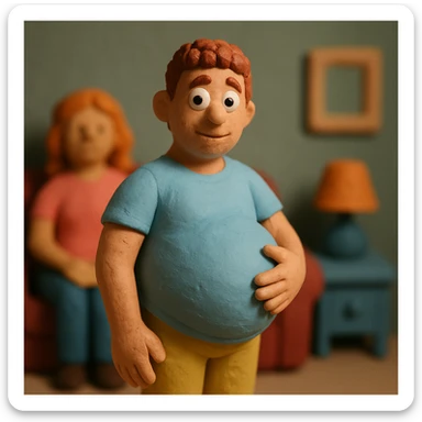 pregnant man, claymation style, matte plasticine, visible fingerprints, pastel colors sticker