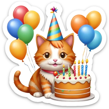 Ginger cat celebrates birthday, birthday hat, birthday cake, balloons, happy sticker
