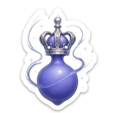 final ultra-luxurious very small elixir bottle inspired by a crown: crown shape on top, color #7986cb, bottom merges seamlessly into a rounded, closed bottle (not flat or glass-like), the whole bottle looks like it's floating and swirling in the air, elegant silver and iridescent details, magical glowing and sparkling effects, very small neck, seamless rounded bottom, transparent background, no base or shadow, modern, luxury collection style, even smaller bottle proportions sticker