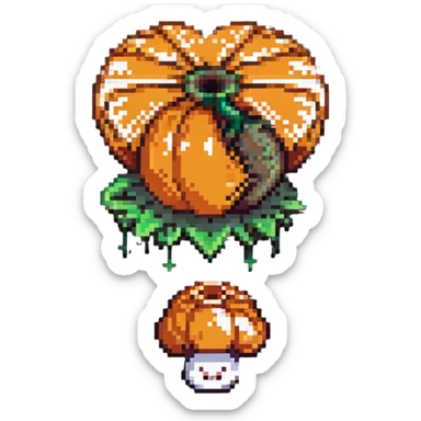 heart split in half with a mushroom motif on one side and a pumpkin motif on the other, pixel art style sticker