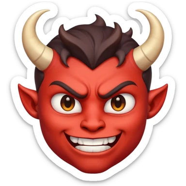 Demon cartoon emoji character, head and shoulders included (chest-up crop), centered face, confident and edgy expression, sharp eyes, subtle smirk, small curved horns, clean stylized face, not cute, not scary, modern emoji-style illustration, bold colors, smooth shading, high readability sticker