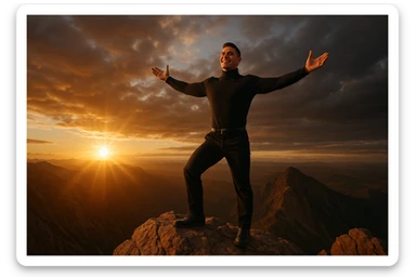 uomo che arriva in cima alla vetta accogliendo le sfide della vita e le supera senza paura, iperrealistica cinematografica 4k sticker