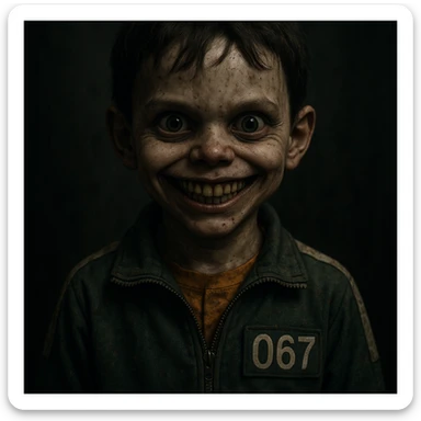 scary boy doll with a wide, unsettling smile, inspired by Squid Game, in a creepy, realistic horror style sticker