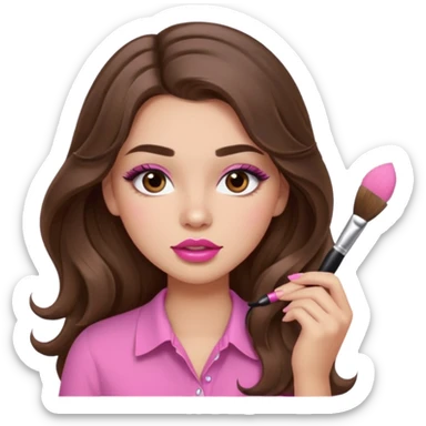 girl with long wavy brown hair, brown eyes, light to medium complexion, in a pink shirt, pink lips, long lashes, puckered lips, putting on makeup with a fluffy brush sticker