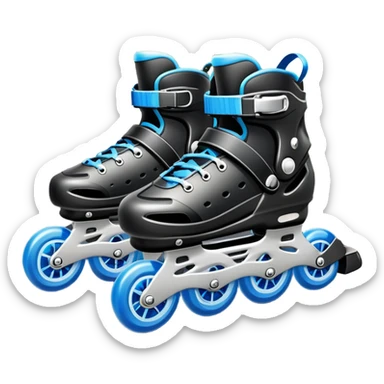 An icon showing a close-up of inline rollerblades resting on smooth asphalt in a park. The background features trees, grass, and a clear sky, with the vibrant green landscape creating a serene outdoor vibe. The skates' wheels are highlighted against the pavement. Transparent background  sticker