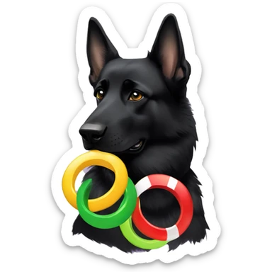 Black German shepherd with the 5 Olympic rings and tennis balls sticker