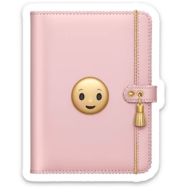 Cute pastel emoji illustration of a soft pink journal with scalloped edges, tiny gold dot details, and a small tassel charm, cozy and elegant stationery vibe sticker