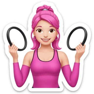 pink pilates girl, smiling, holding a pilates ring, vibrant pink outfit, round face sticker