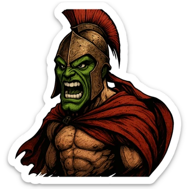 the Mask's green face with a fierce expression, wearing a red Spartan cape, inspired by the movie '300' sticker