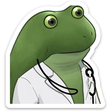 bufo frog wearing a white doctor's coat, sad eyes looking directly at the camera sticker