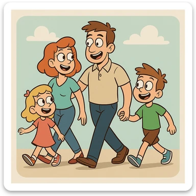 family walking together, modern cartoon style, happy expressions, colorful sticker