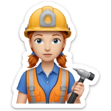A ginger haired girl blue eyes, handyman Outfit, wearing a Helmet, with drill sticker