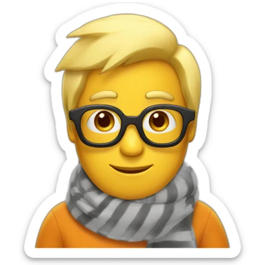 yellow penguin with black glasses dirtyblonde hair with orange tshirt and gray striped scarf sticker