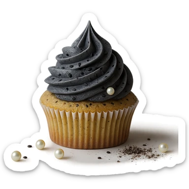 Change the icing to black sesame: dark gray, slightly glossy, speckled with black sesame seeds. Keep the realistic cupcake and accessories in photorealistic style with transparent background. sticker