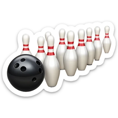 A bowling ball rolling down the lane towards a set of pins, with the pins poised to fall. The scene is set in a bowling alley with bright lights and a polished wooden floor, capturing the excitement and precision of the sport. sticker