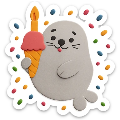 Remove the background so only the chubby seal, candle, and confetti remain, matching the paper-craft style and color palette. Make the background fully transparent. sticker