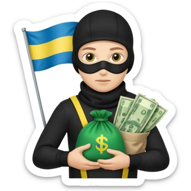 создай украинца в черное одежде и черной балаклаве с большим мешком денег на котором есть флаг страны в руках sticker